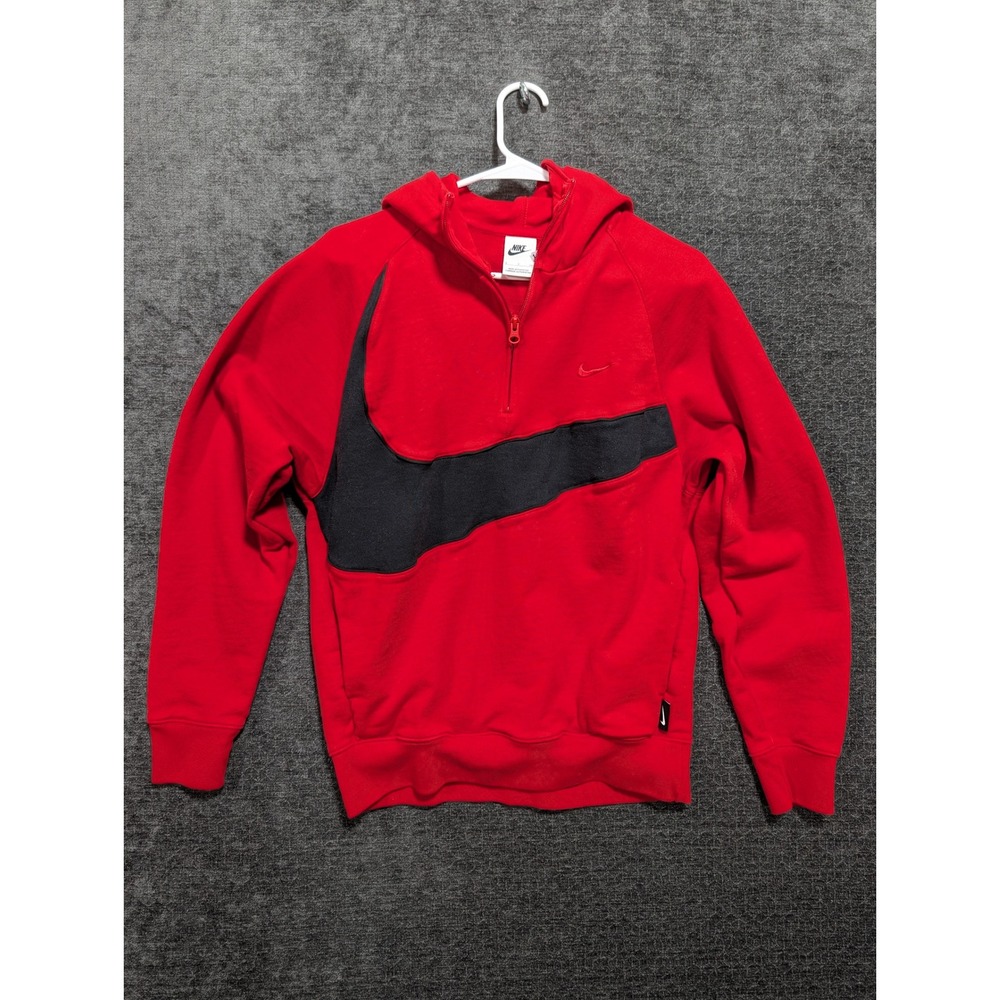 Nike Big Swoosh Quarter Zip Hoodie Red Black Pullover Mens Small Sweatshirt